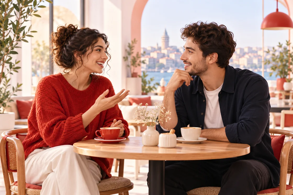 Kafede günlük konuşma pratiği yapan iki kişi