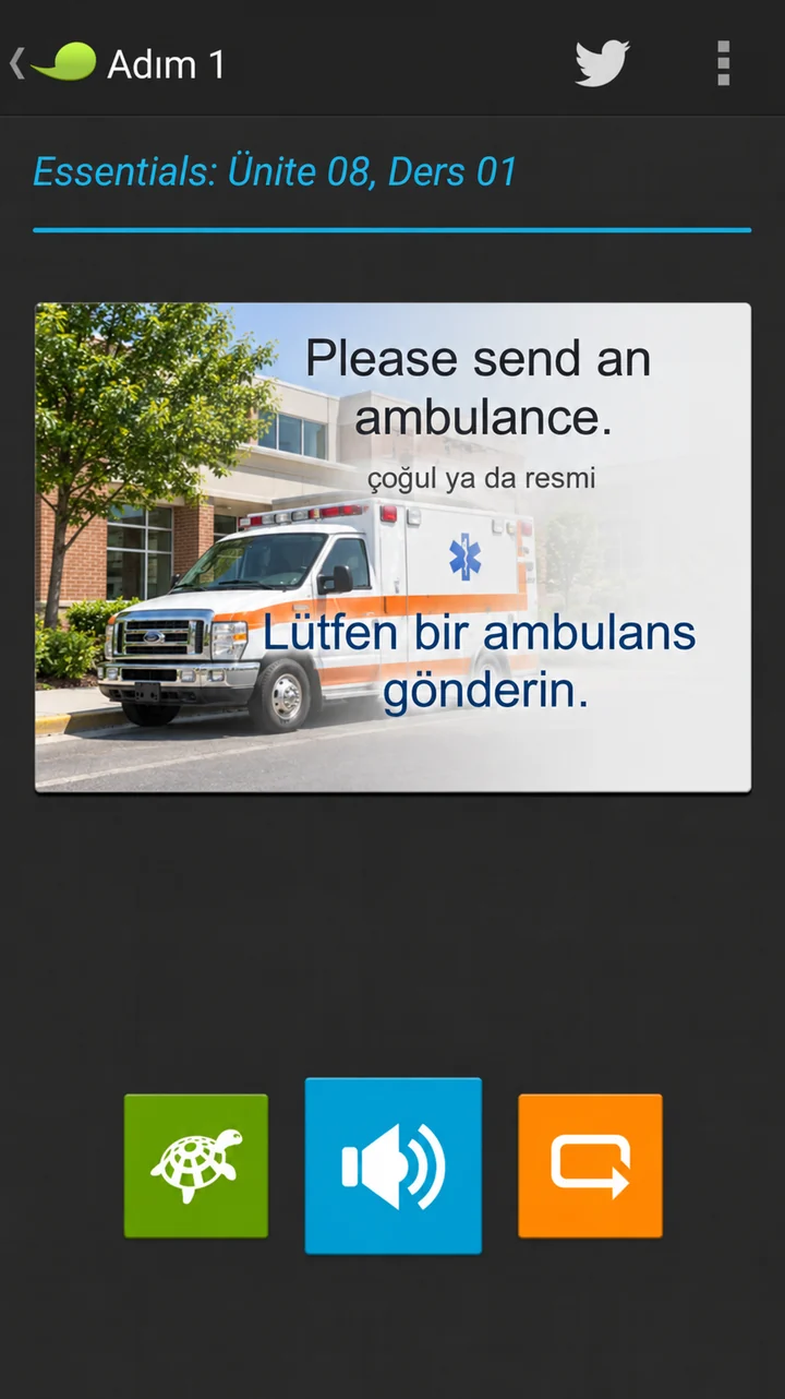Mobil uygulamada İngilizce cümle kartı: Please send an ambulance